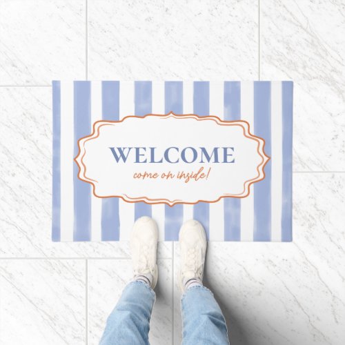Blue Watercolor Stripes Wavy Frame Welcome Doormat