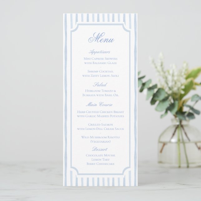Blue Watercolor Stripes Wedding Menu (Standing Front)