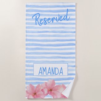 Blue Watercolor Stripes with Pink Flowers Beach Towel
