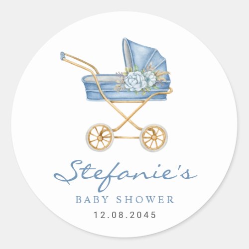 Blue Watercolor Stroller Its a Boy Baby Shower Classic Round Sticker