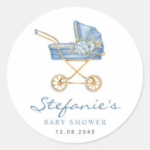 Blue Watercolor Stroller It's a Boy Baby Shower Classic Round Sticker