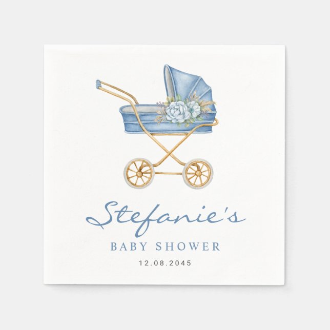 Blue Watercolor Stroller It's a Boy Baby Shower Napkins (Front)