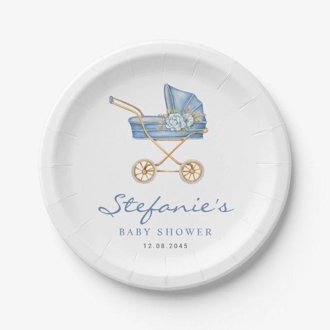 Blue Watercolor Stroller It's a Boy Baby Shower Paper Plates (Front)