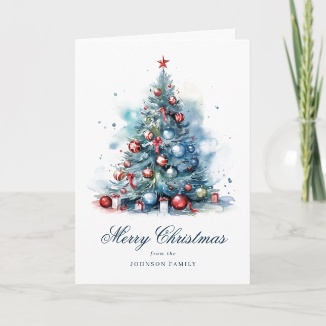Blue Watercolor Style Christmas Tree Folded  Card (Front)