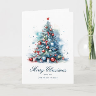 Blue Watercolor Style Christmas Tree Folded Card
