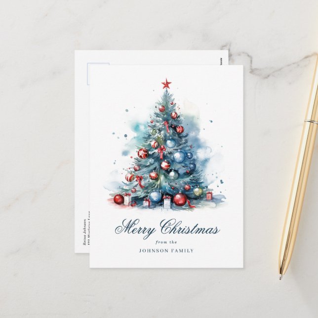 Blue Watercolor Style Christmas Tree Holiday Postcard (Front/Back In Situ)
