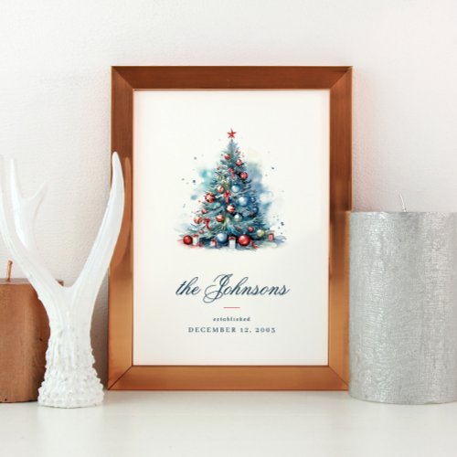 Blue Watercolor Style Christmas Tree with Ornament Poster