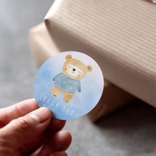Blue Watercolor style cute dreamy Bear Thank You Classic Round Sticker