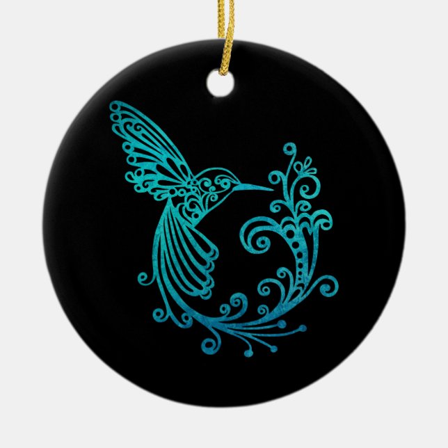 Blue Watercolor Stylized Hummingbird Ceramic Ornament (Front)