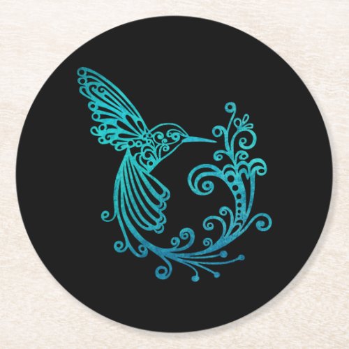 Blue Watercolor Stylized Hummingbird Round Paper Coaster