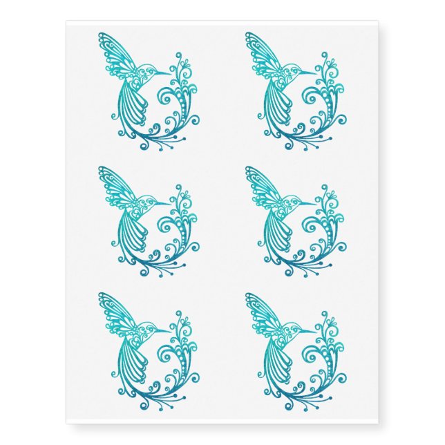 Blue Watercolor Stylized Hummingbird Temporary Tattoos (Front)