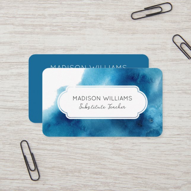 Blue Watercolor Substitute Teacher Business Card (Front/Back In Situ)