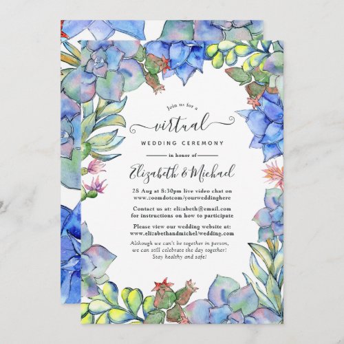 Blue Watercolor Succulents Online Virtual Wedding Invitation