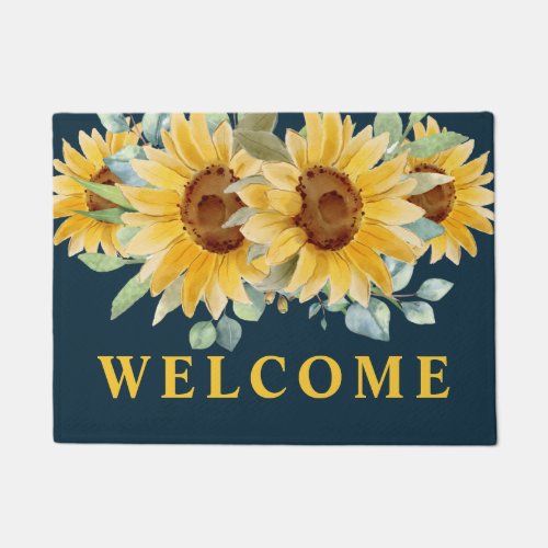 Blue Watercolor Sunflowers Farmhouse Welcome Doormat