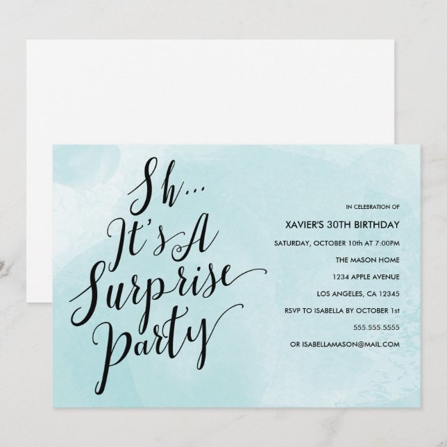 Blue Watercolor Surprise Party Invitation (Front/Back)