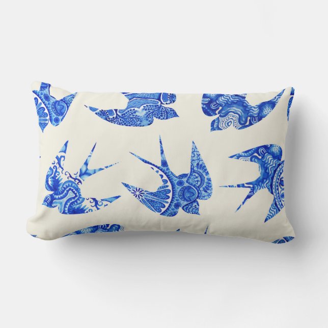 Blue Watercolor Swallow Bird Pattern Lumbar Pillow (Front)