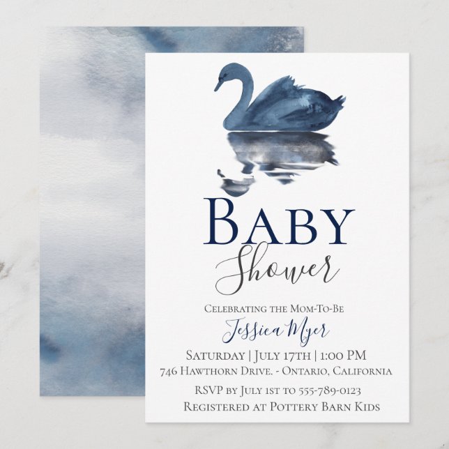 Blue Watercolor Swan Baby Shower Invitation (Front/Back)