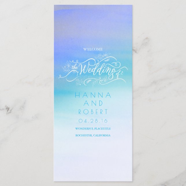 Blue Watercolor Swash Modern Wedding Programs (Front)