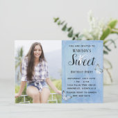 Blue Watercolor Sweet 16 Birthday Photo Invitation (Standing Front)