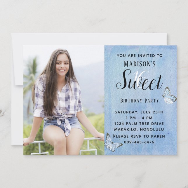 Blue Watercolor Sweet 16 Birthday Photo Invitation (Front)