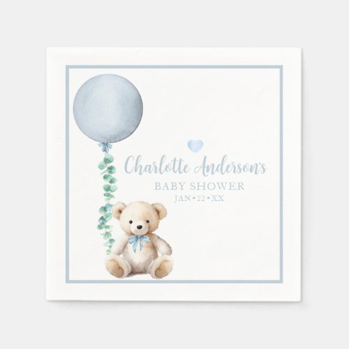 Blue Watercolor Teddy Bear Balloon Baby Shower Napkins
