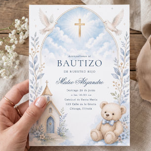 Blue Watercolor Teddy Bear Baptism Boy Invitation