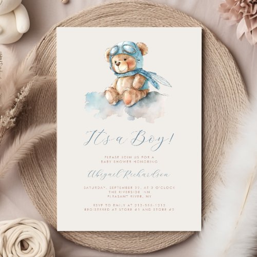 Blue Watercolor Teddy Bear Boy Baby Shower Invitation