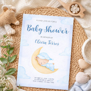 Blue Watercolor Teddy Bear on Moon Baby Shower Invitation