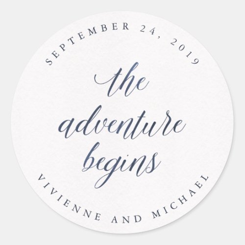 Blue Watercolor Text The Adventure Begins Wedding Classic Round Sticker
