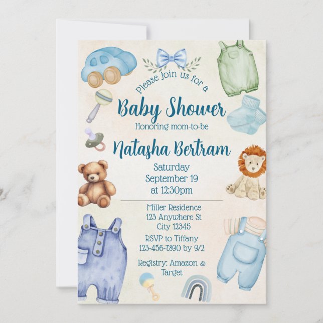 Blue Watercolor Toys & Clothes Baby Shower Invitation (Front)