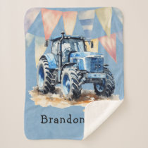 Blue Watercolor Tractor Boy Baby Shower Gift Sherpa Blanket