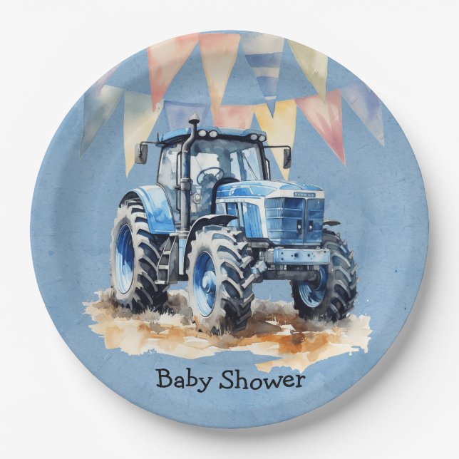 Blue Watercolor Tractor Boy Baby Shower Paper Plates (Front)