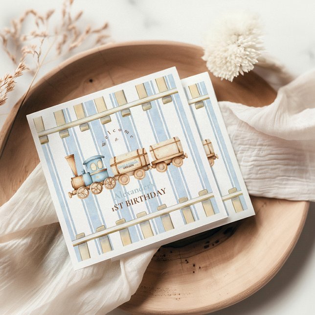 Blue Watercolor Train 1st Birthday  Napkins (Creator Uploaded)