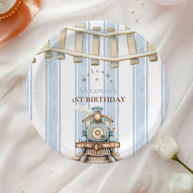 Blue Watercolor Train 1st Birthday  Paper Plates (Creator Uploaded)