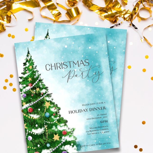 Blue Watercolor Tree Christmas Party Invitation (Blue Watercolor Tree Christmas Party Invitation)