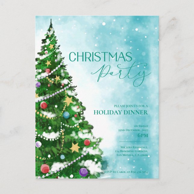 Blue Watercolor Tree Christmas Party Invitation Postcard (Front)