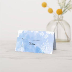 Blue watercolor & trees winter wedding escort card