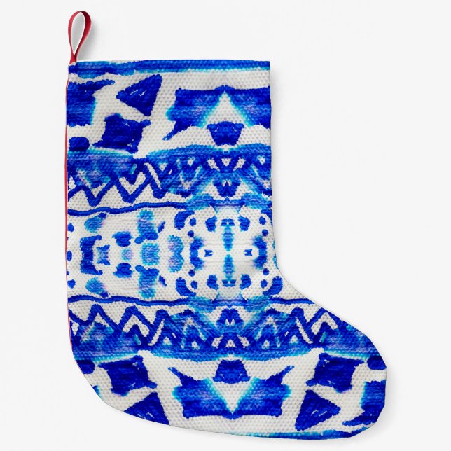 Blue watercolor tribal ethnic seamless pattern small christmas stocking (Front)