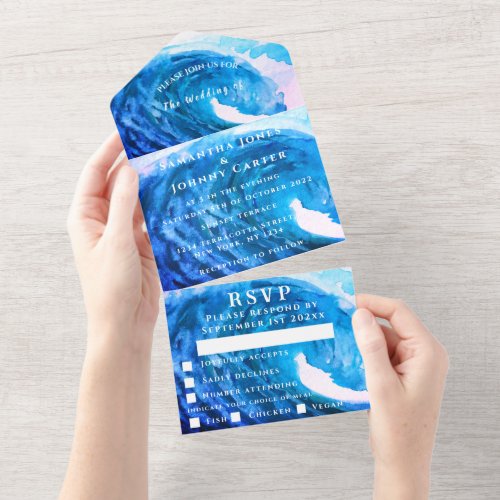 Blue Watercolor Tropical Destination Ocean Wave All In One Invitation