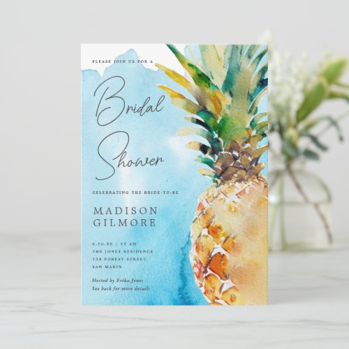 Blue Watercolor Tropical Pineapple Bridal Shower Invitation