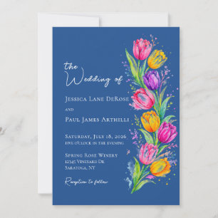 Blue Watercolor Tulip Floral Wedding Invitation