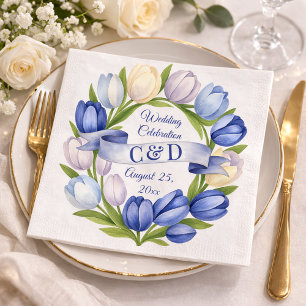 Blue Watercolor Tulip Wedding Celebration Elegant Napkins
