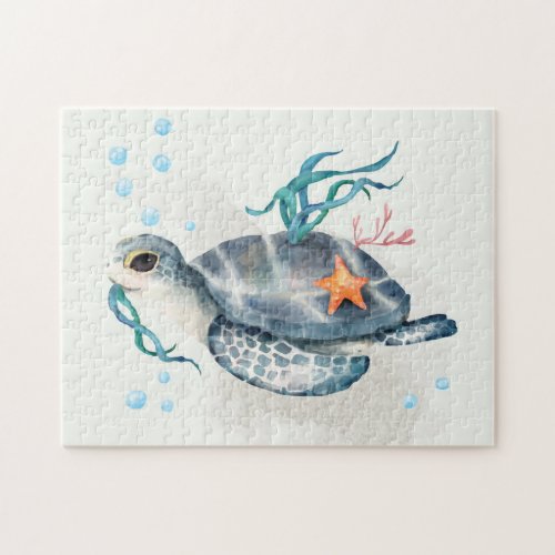 Blue Watercolor Turtle Scene Jigsaw Puzzle