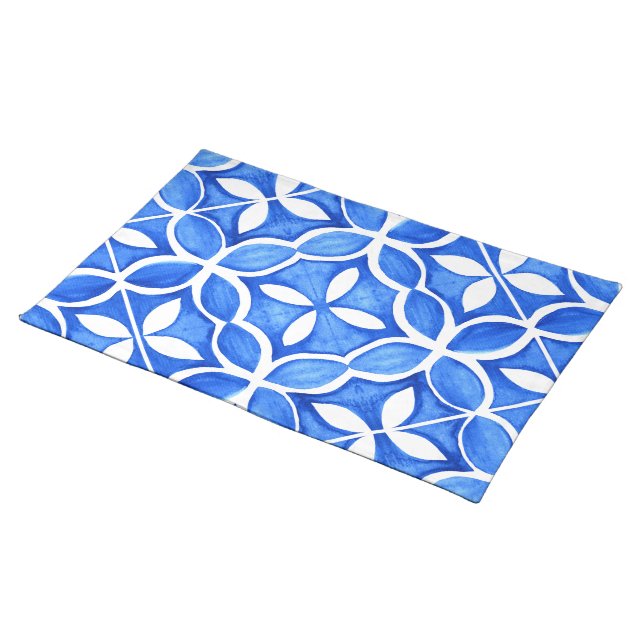 Blue Watercolor Tuscan Italian Tile  Cloth Placemat (On Table)