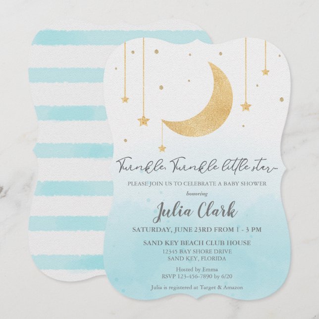 Blue Watercolor Twinkle Twinkle Little Star Shower Invitation (Front/Back)