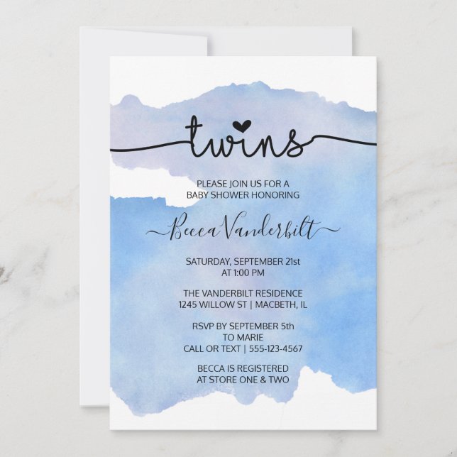 Blue Watercolor Twins Baby Shower Invitation (Front)