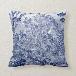 Blue Watercolor Under Sea Ocean Beach House Crab Throw Pillow