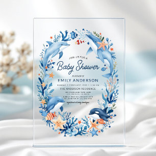 Blue Watercolor Under-the-Sea Baby Shower Acrylic Invitations