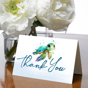 Blue Watercolor Under the Sea Baby Shower Letterpress Thank You Card
