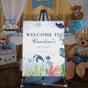 Blue watercolor under the sea baby shower welcome foam board